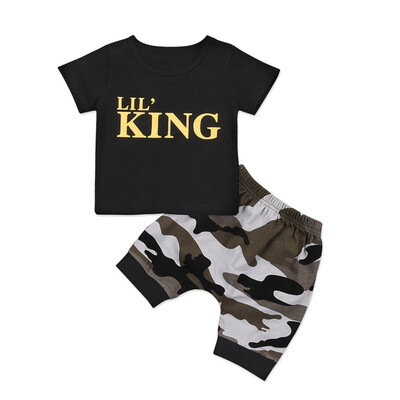

Explosive Models Children Suits Boys Black King Print Tops T-shirts Camouflage Pants Two Pieces Sets Cotton Boys Clothing