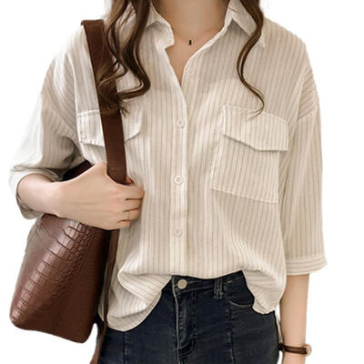 

2019 Women Concise Casual Solid Color Middle Sleeve Striped All-match Loose Standing Collar Shirts