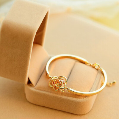 

Fashion Women Gold Plated Crystal Rose Flower Bangle Cuff Charm Bracelet