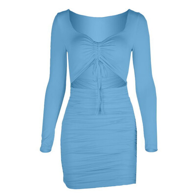 

Sexy Women Solid V Neck Long Sleeves Drawstring Bodycon Club Party Mini Dress