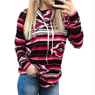 

Tailored Fashion Women Piled CollarGeometric Print Bandage Long Sleeve Top Sweatshirt