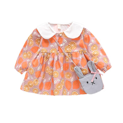 

Autumn Casual Baby Girls Long Sleeve Floral Print Dress Kids Sundress With Cute Rabbit Bags