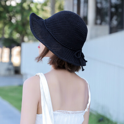 

Korean version of summer Joker fisherman hat tie bow straw hat womens summer small fresh knit beach holiday visor