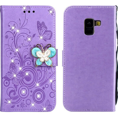 

MOONCASE Samsung Galaxy A8 2018 Butterfly Rhinestone Embossed Leather Case - Purple