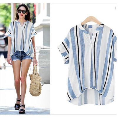 

New Striped Blouse Women Loose Fit Short Batwing Sleeve V-Neck Shirt Stripes Fashion Top All Match New Arrival For Women Blouse