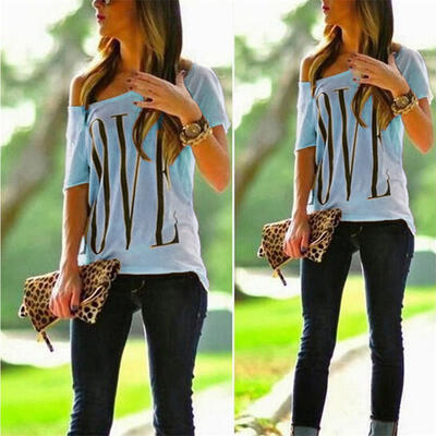 

Fashion Korean Design Women Loose Off Cotton Shoulder Tops Letter Shirt Short Sleeve Crew Neck -XL Ladies Casual Hot