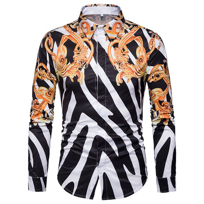 

Tailored Men Printing Stand Collar Fit Slim Buttons Long Sleeve Shirt Tee Blouse