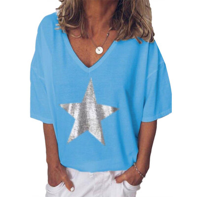 

Plus Size Summer Women Star V Neck Short Sleeve T-Shirt Solid Color Loose Top