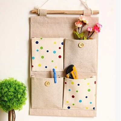 

Beige Storage Bags LinenCotton Fabric Over The Door Organizer with 4 Deep Pockets for School Office Bedroom Kitchen Bathroom