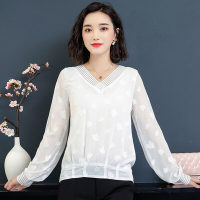 

Korean new fashion Slim long-sleeved female chiffon women blouse casual loose tops solid women shirt V Neck