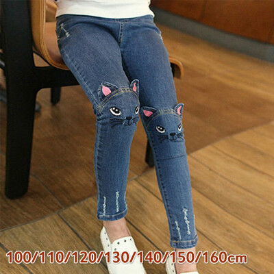 

Childrens Jeans Spring Girls Cartoon Cat Embroidery Cowboy Pants