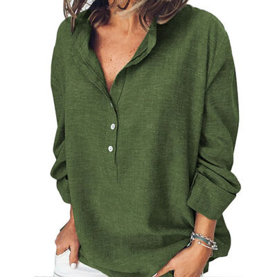 

Office Ladies Blouse Plus Size Fashion Solid Long Sleeve Stand Collar Buttons Loose Shirt Casual Women Tops