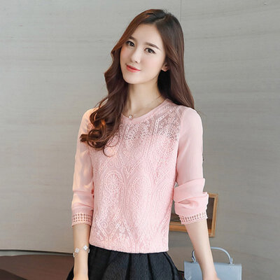 

2017 women flower patterns chiffon blouse lace Bottoming shirt all match femme manche longue chemisier pink white feminina blusa