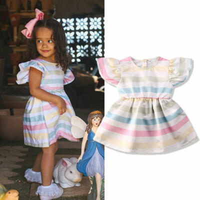 

UK Sweet Newborn Baby Girls Kids Rainbow Striped Dress Outfit Clothes Totu Skirt