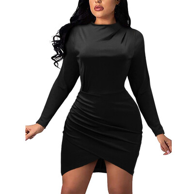 

Tailored Women Sexy Autumn Fashion O-Neck Irregular Long Sleeve Pure Color Dress