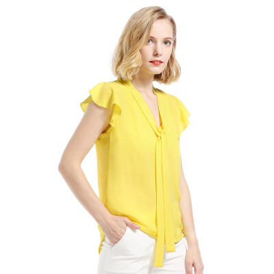 

Chiffon Womens Blouse Yellow Short Ruffles Sleeve Summer Women Shirt Casual Blouse For Woman V Neck Blusas Feminina