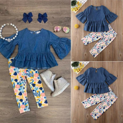 

USA Chiffon Kids Baby Girls Outfits Clothes T-shirt Tops Dress Floral Leggings