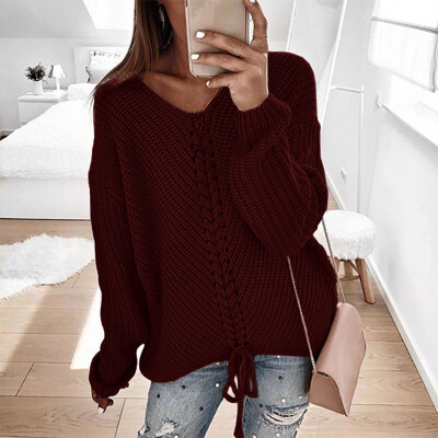 

Women V Neck Long Sleeve Sweater Lace Up Knitted Jumper Plus Size Pullover Tops