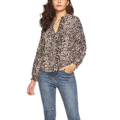 

New Chiffon Casual Shirt Europe V-Neck Leopard Printed Chiffon Edge Long - sleeved Blouse AutumnWinter