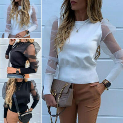 

Fashion Women Sheer Tee Casual T shirts Mesh Puff Sleeve Blouse Slim Club Tops