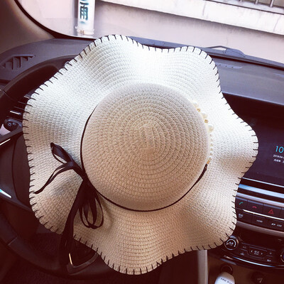 

Hat Female Summer Seaside Foldable Sun Cap Sunscreen Beach Cap Elegant Pearl Straw Cap with Mushroom Edge