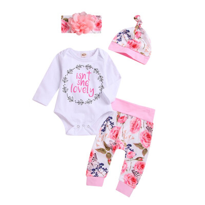 

Girl Flower Printing Four Piece Set Fashion Cloth Set Lovely And Sweet Baby Cloth Trousers Hat And Headband