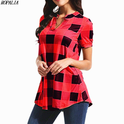 

Womens V-Neck Plaid Print Short Sleeve Loose T-Shirt Color Block European&American Style Casual Polyester T-Shirts