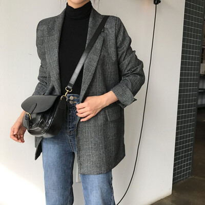 

Women Casual Vintage Check Coat Autumn Cotton Long Sleeve Plaid Blazer Ladies Checkered Jacket
