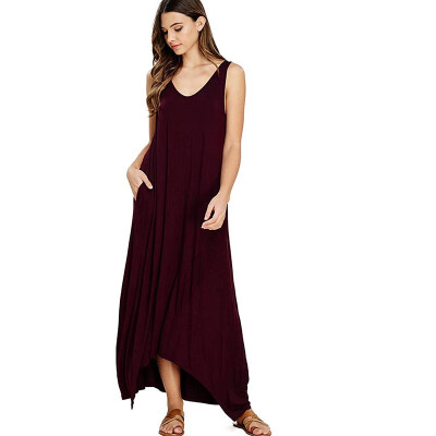 

2019 New Women Dress Vest Sling Family Summer Dress Beach Sexy Pocket Long robe femme Irregular Sleeveless Dress