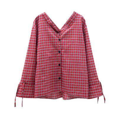 

Autumn New V-neck Loose Blouses Women Sweet Casual Long Sleeve Shirt blusas mujer Korean Fashion Plaid Blouse Tops