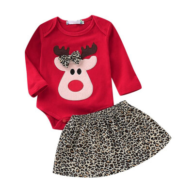 

0-18M Spring Autumn Casual Fashion Baby Girl Cartoon Printing Long Sleeve Bodysuit And Leopard Skirt Set Christmas Clothes