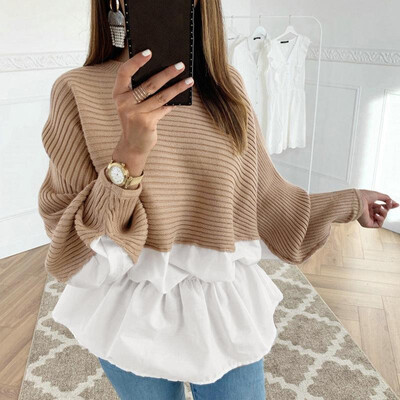 

Women Knitted Sweater Splice O Neck Lantern Long Sleeves Raglan Sleeve Ribbed Autumn Winter Knitting Tunic Tops Blouse
