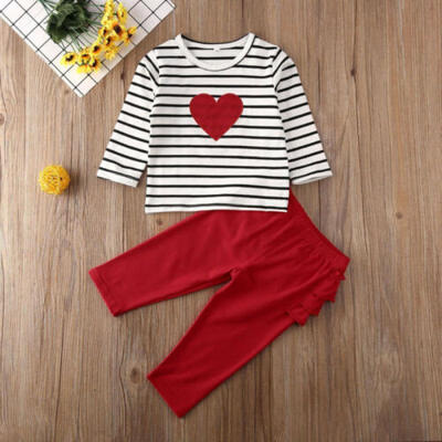

Fashion Toddller Kids Girls Heart -shaped Outfits Stripe Long Sleeve Tops Pants