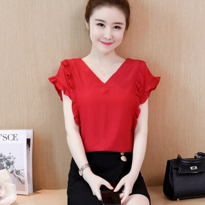 

Fashion Women Top Blouses V-neck Shirts Chiffon Casual Vintage Tops Womens Blouse