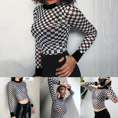 

Summer Women Sexy Lace Crop Top Clubwear Long Sleeve See-Through Blouse T-Shirt
