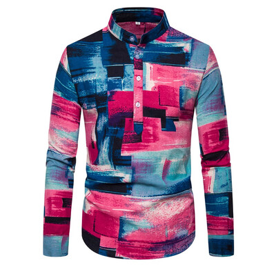 

Tailored Mens Ethnic Long Sleeve Casual Cotton Linen Printing Hawaiian Shirt Blouse