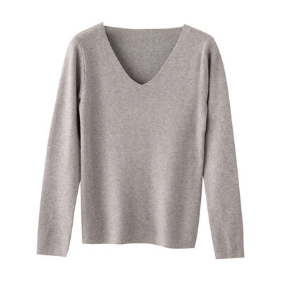 

Female T-shirt Autumn Winter New Slim Solid Color Women Knit Top Fashion Casual V-neck Long-sleeved T-shirt