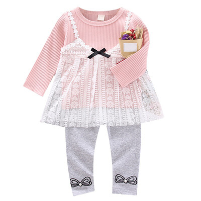 

Spring Autumn Baby Girls Casual Cute Lace Design Long Sleeve Dress With Cropped Trousers Kids Toddler Sundress Two-piece Set