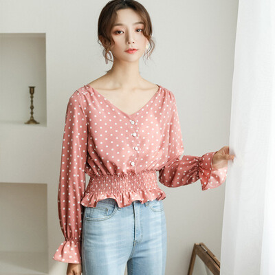

Women Casual Tops V-Neck Long Sleeves Button Trumpet Sleeve Loose Blouses Spring Autumn Polka Dots Sweet Shirt