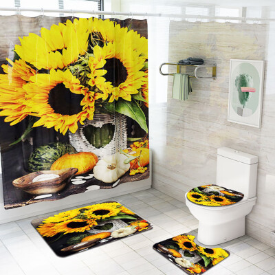 

〖Follure〗Sunflower Shower Curtain Floor Mat Four-piece Bathroom Mat Set