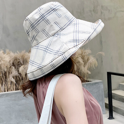 

Summer sun protection double - sided cotton - linen fishermans hat plaid goes out sun - shading sun cap net red person basin hat