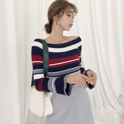 

Sueter Mujer Invierno 2019 Flare Sleeve Striped Pattern Sweater Fashion Slim Off-the-shoulder Knit Pullover Sweater Women