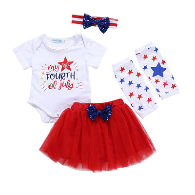 

baby girl clothes Letter Short Sleeve T-shirt Red tutu Skirt Bow Headband Legging baby clothes girl summer Fourth of July