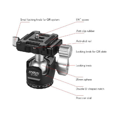 

Andoer D-25R CNC Machining Aluminum Alloy Double Notch Ball Head Mini Ballhead Low Center of Gravity for Manfrotto etc Tripod Mon