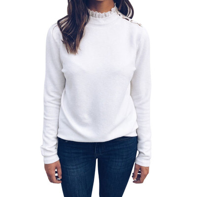 

Womens casual T-shirt long-sleeved shirt ladies fashion solid color fashion pullover lace high collar T-shirt -2XL