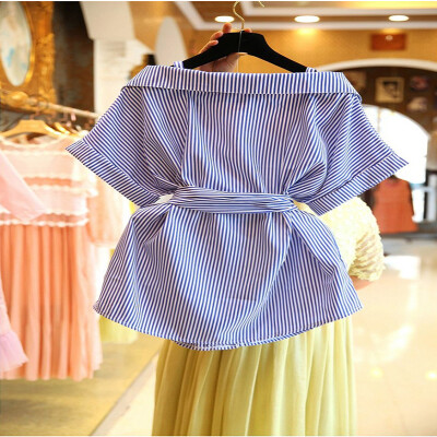 

Summer Korean new striped sweet word collar sling waist slimming bow off the shoulder shirt shirt women1