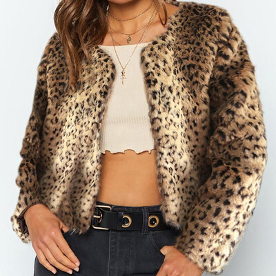 

Women Jacekt Fluffy Faux Fur Leopard Print Open Front Long Sleeve Autumn Winter Cool Luxury Outerwear