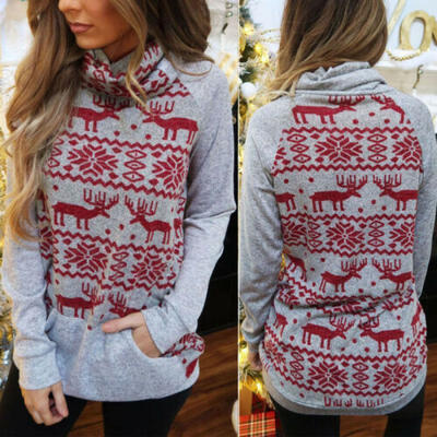 

US Xmas Women Long Sleeve Sweatshirt Slouch Pullover Slim Sweater Jumper Blouse