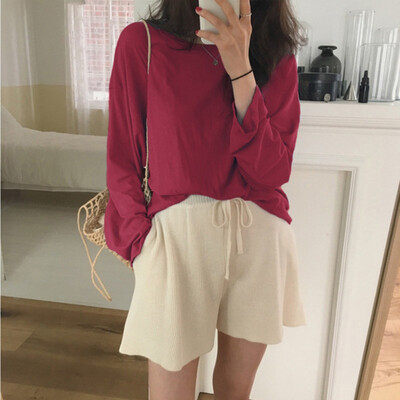 

Korean Style Autumn Winter New Vintage Casual Loose Multicolor Solid plus size T-shirt Long-Sleeved T-Shirt Women camiseta mujer