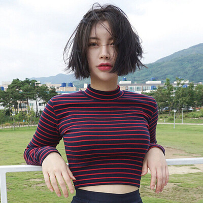 

2018 Korean Style Long Sleeve T Shirts Womens Fashion Harajuku Striped Slim Cropped Top T-shirt